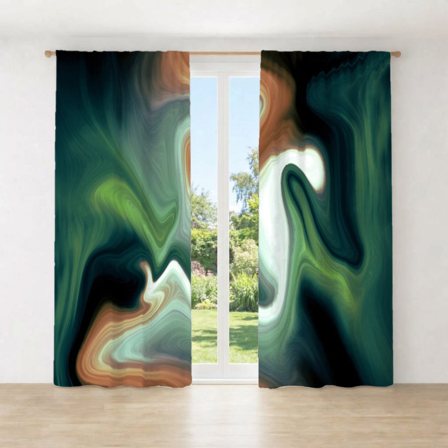 Green and Beige Fluid Marble Abstract Pattern Window Curtains