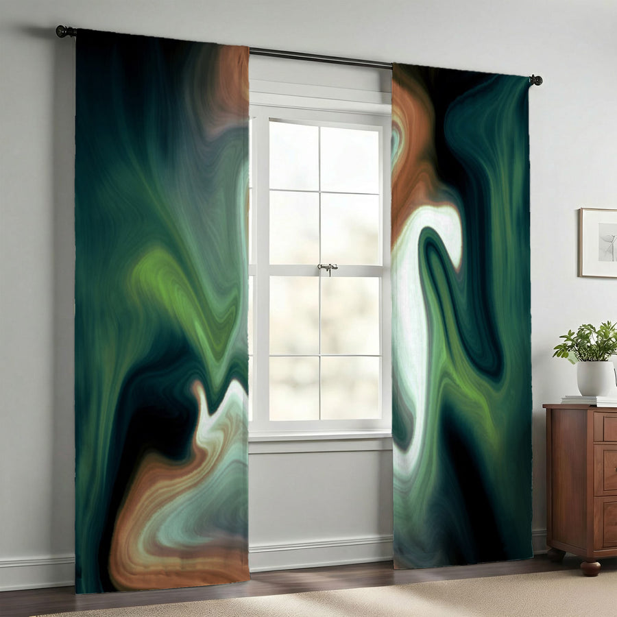 Green and Beige Fluid Marble Abstract Pattern Window Curtains