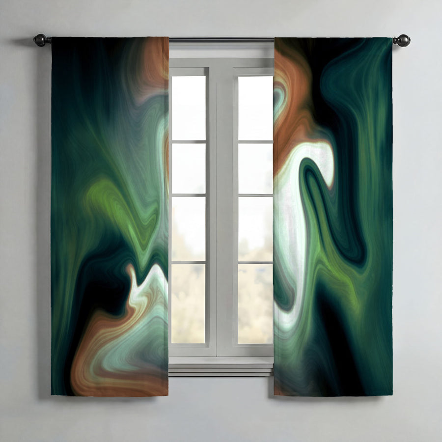 Green and Beige Fluid Marble Abstract Pattern Window Curtains