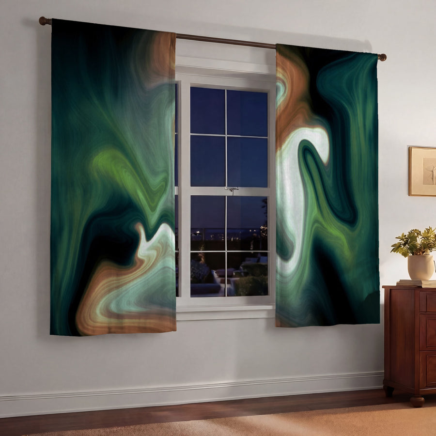 Green and Beige Fluid Marble Abstract Pattern Window Curtains