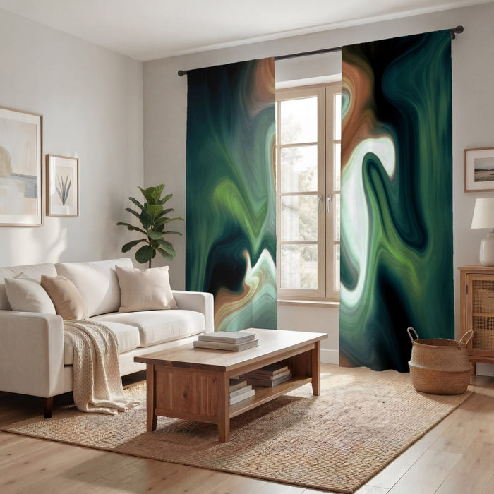 Green and Beige Fluid Marble Abstract Pattern Window Curtains