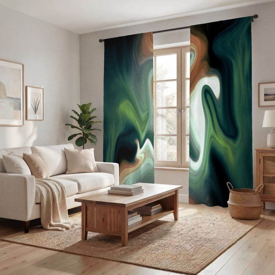 Green and Beige Fluid Marble Abstract Pattern Window Curtains