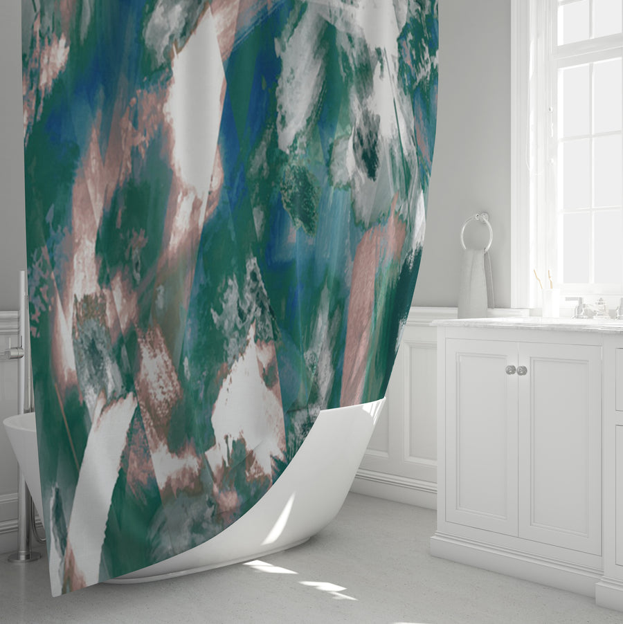 Teal and White Ocean Marble Texture Pattern Shower Curtain