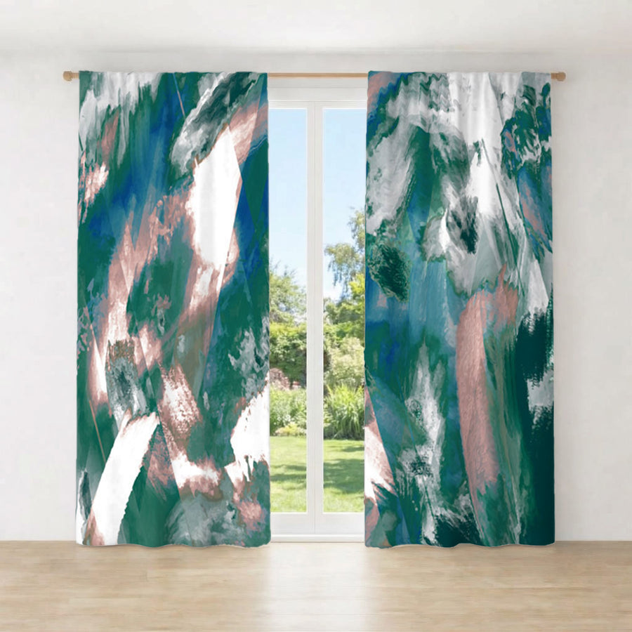 Teal and White Ocean Marble Texture Pattern Window Curtains