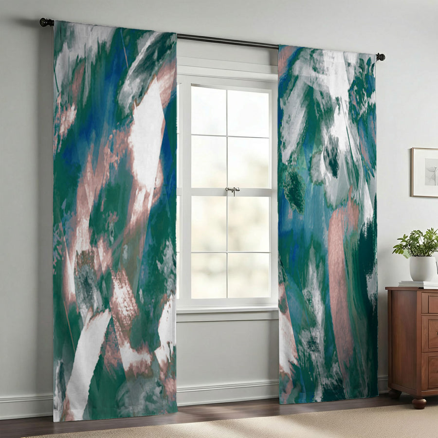 Teal and White Ocean Marble Texture Pattern Window Curtains