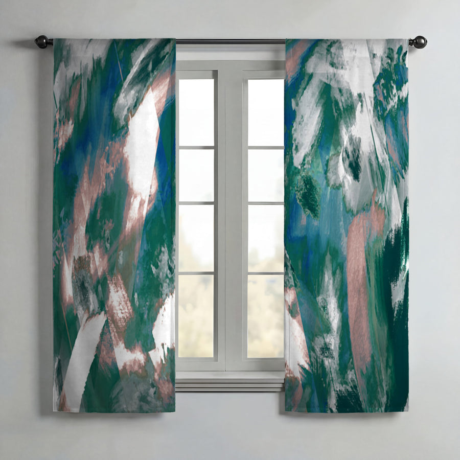 Teal and White Ocean Marble Texture Pattern Window Curtains