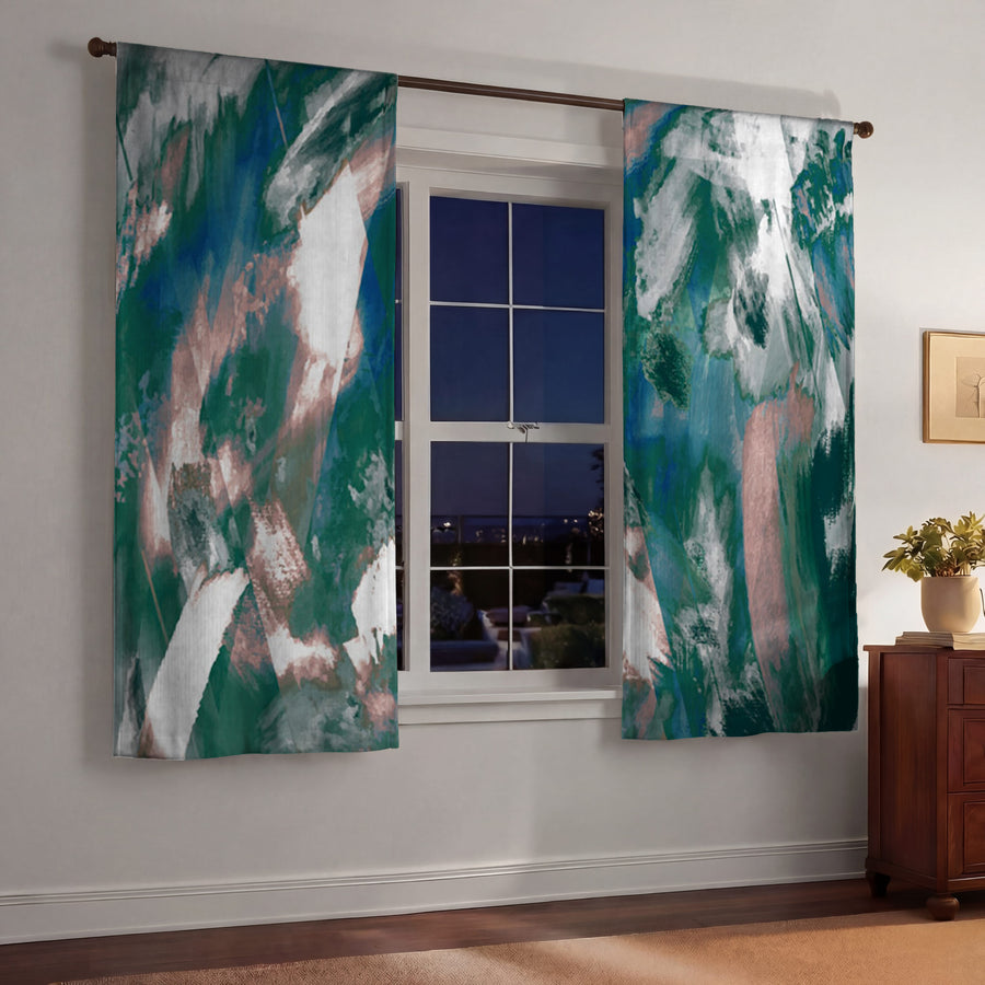 Teal and White Ocean Marble Texture Pattern Window Curtains