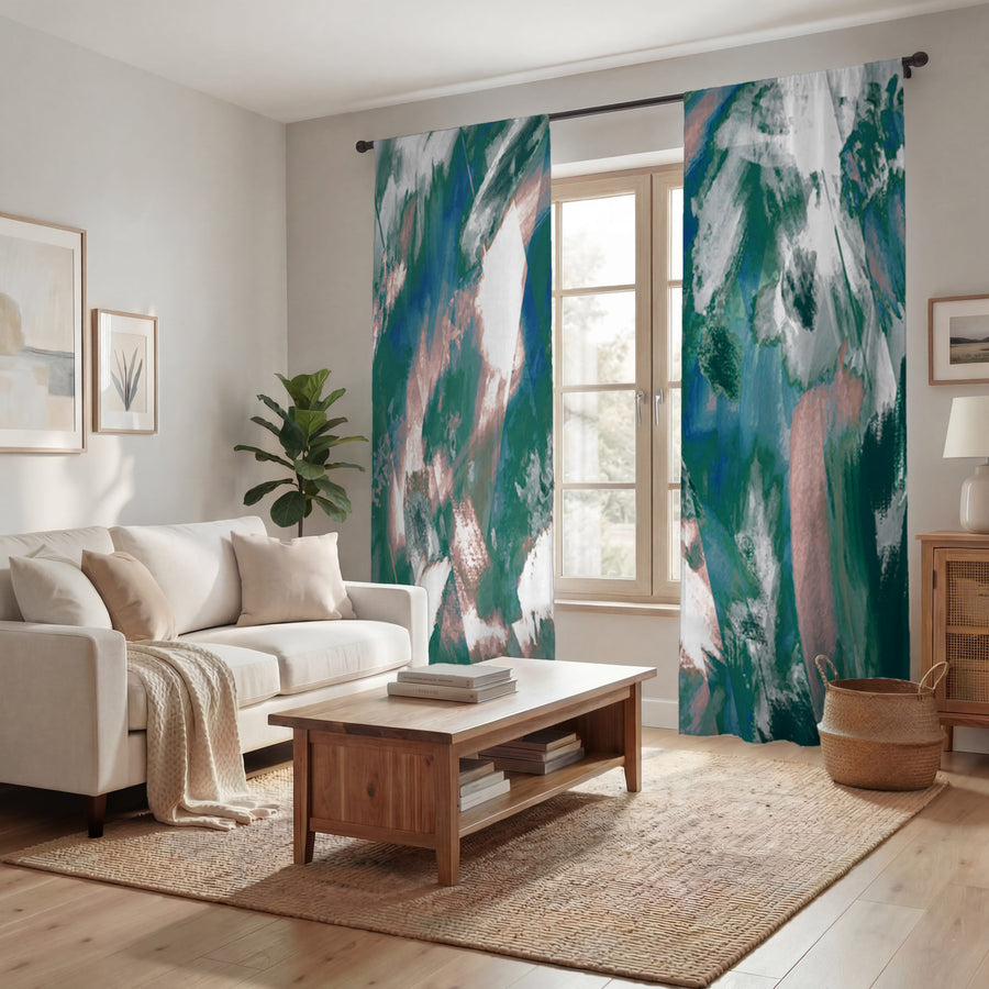 Teal and White Ocean Marble Texture Pattern Window Curtains