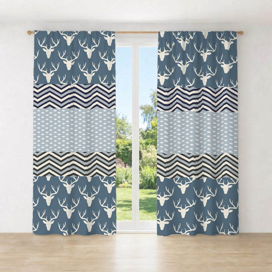 Blue Nordic Folk Stripe Pattern Window Curtains