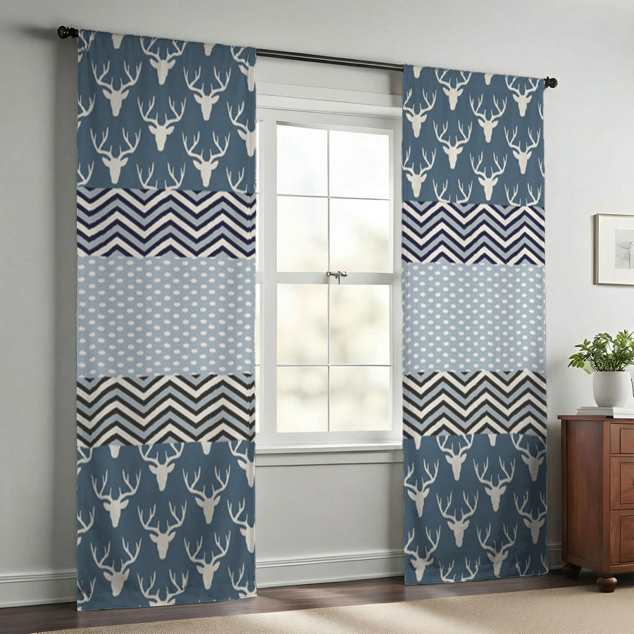 Blue Nordic Folk Stripe Pattern Window Curtains