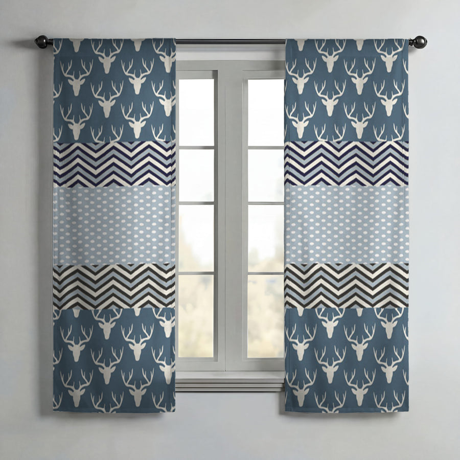 Blue Nordic Folk Stripe Pattern Window Curtains