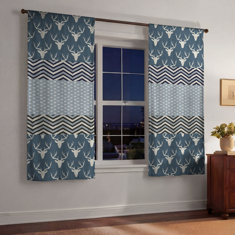 Blue Nordic Folk Stripe Pattern Window Curtains