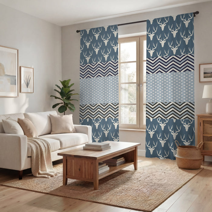 Blue Nordic Folk Stripe Pattern Window Curtains