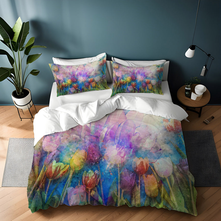 Multicolor Watercolor Garden Floral Pattern Duvet Cover