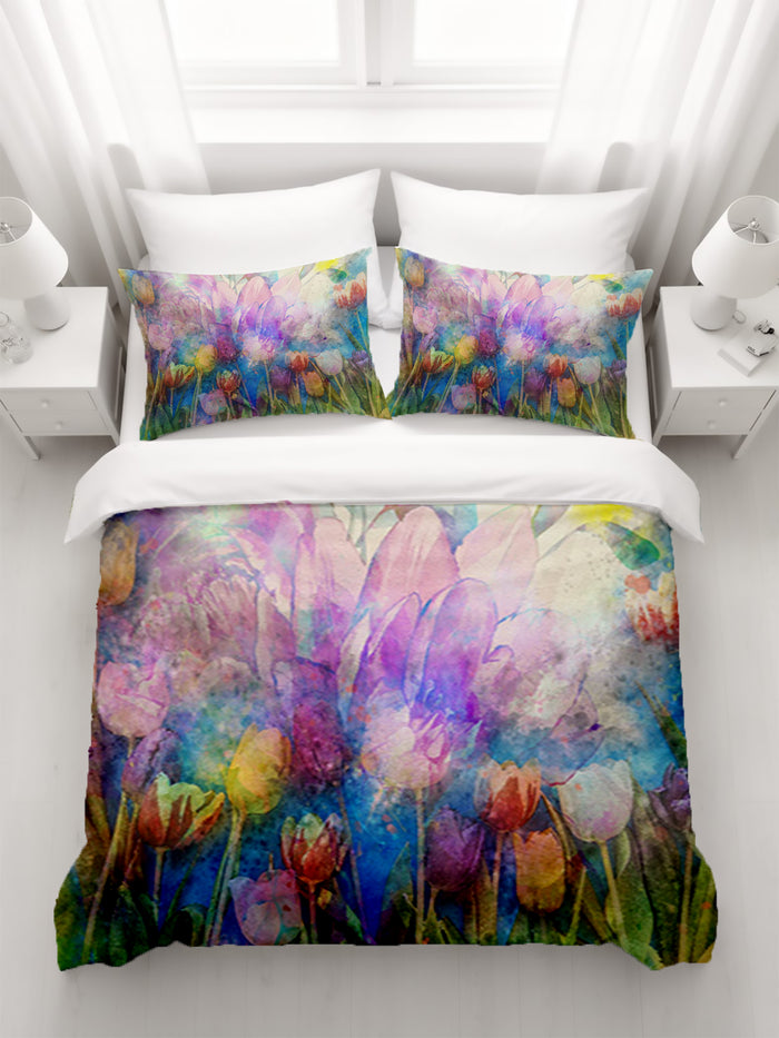 Multicolor Watercolor Garden Floral Pattern Duvet Cover
