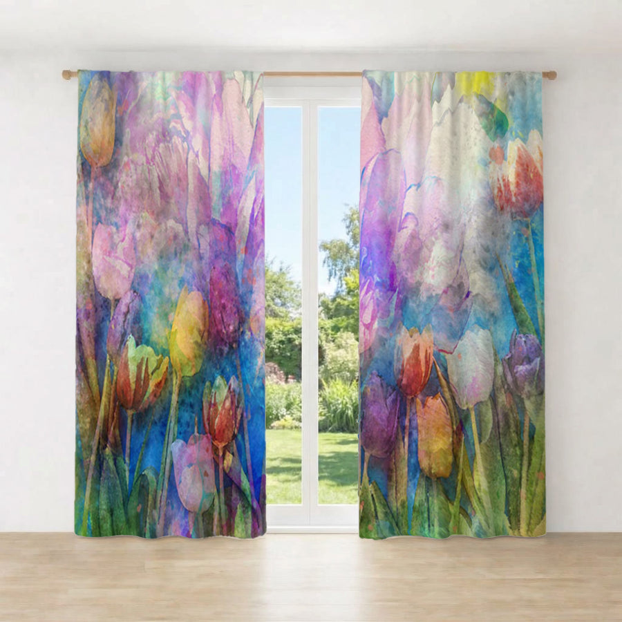 Multicolor Watercolor Garden Floral Pattern Window Curtains
