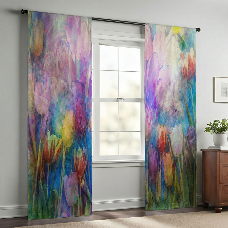 Multicolor Watercolor Garden Floral Pattern Window Curtains