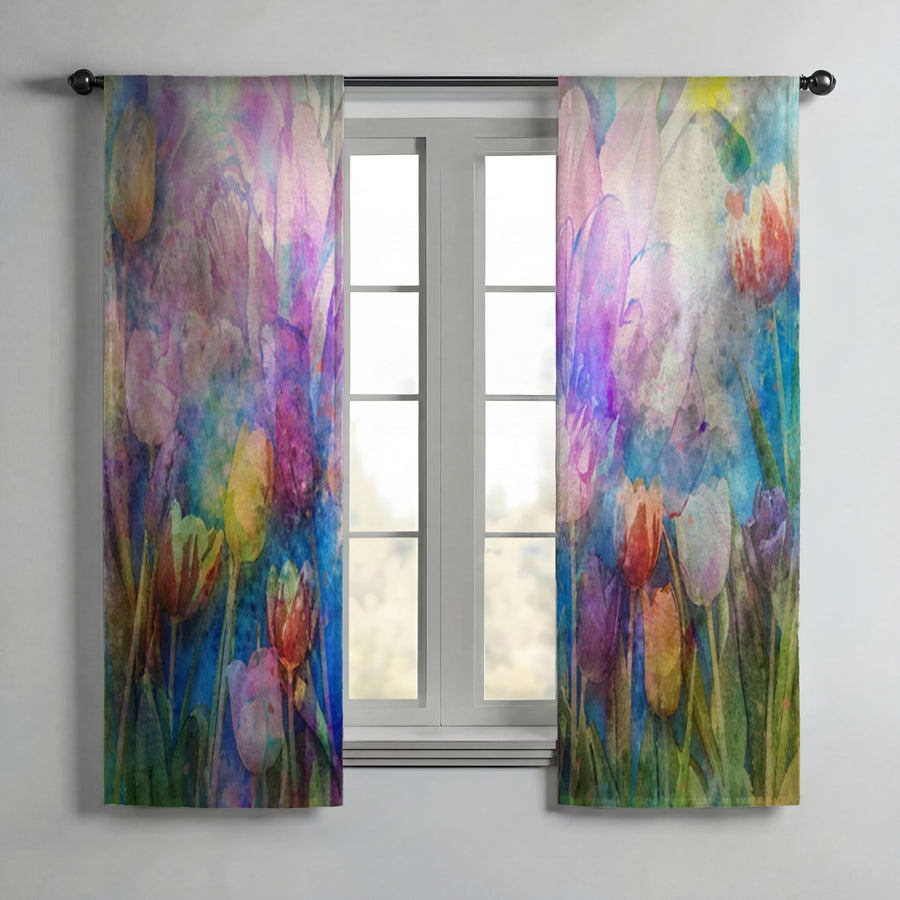 Multicolor Watercolor Garden Floral Pattern Window Curtains