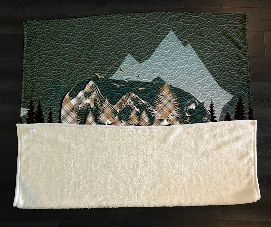 Beige Mountain Bear Wilderness Landscape Fleece Sherpa Blanket