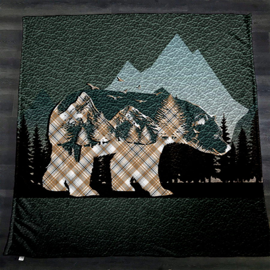 Beige Mountain Bear Wilderness Landscape Fleece Sherpa Blanket