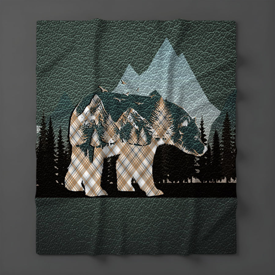Beige Mountain Bear Wilderness Landscape Fleece Sherpa Blanket
