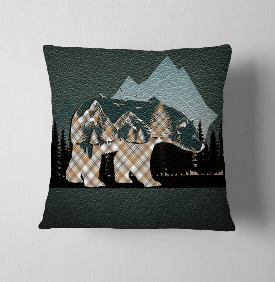 Beige Mountain Bear Wilderness Landscape Throw Pillow Cover