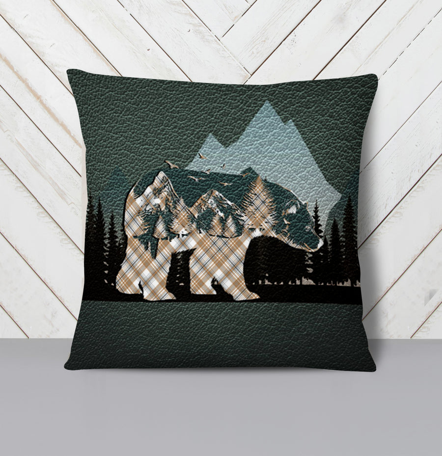 Beige Mountain Bear Wilderness Landscape Throw Pillow Cover