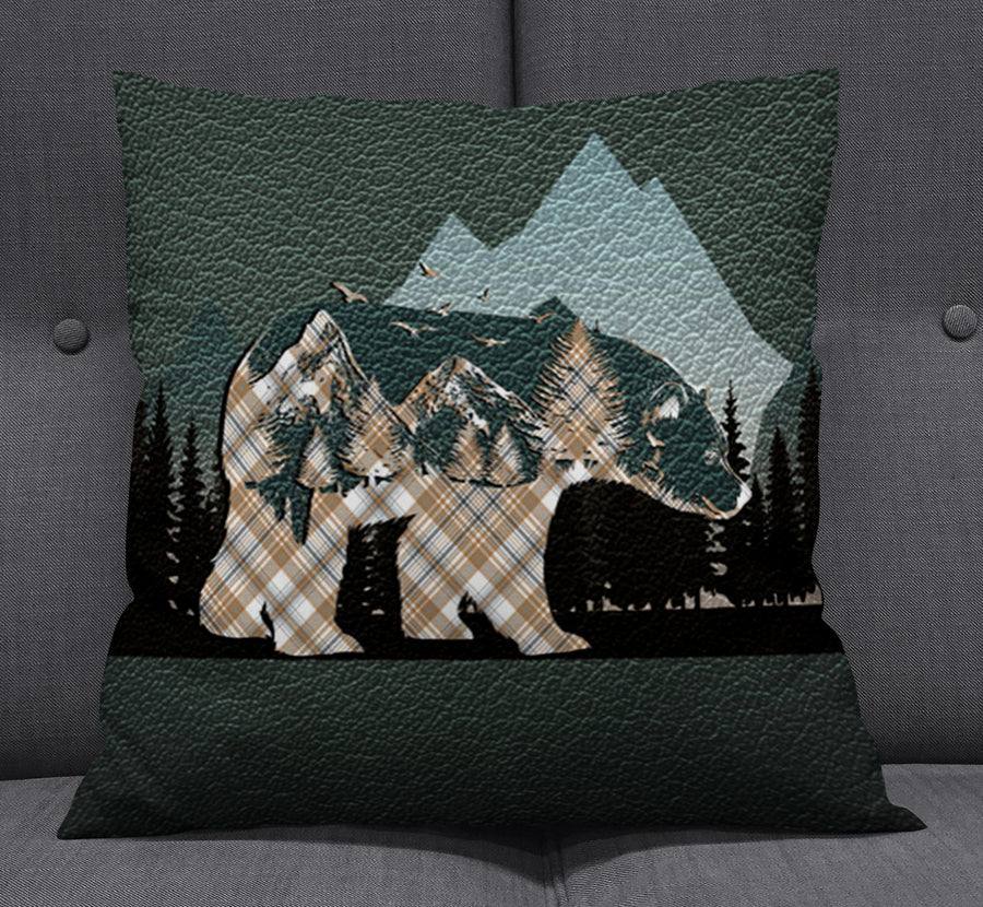 Beige Mountain Bear Wilderness Landscape Throw Pillow Cover