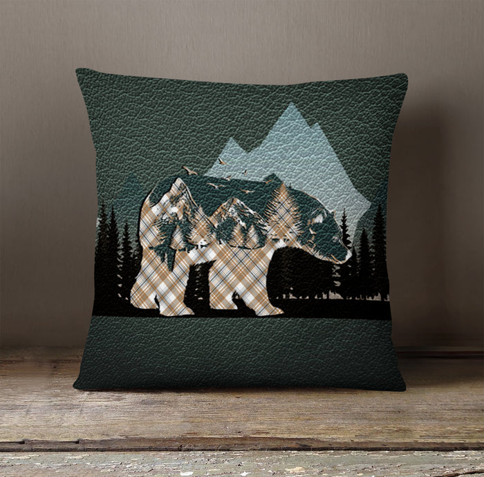 Beige Mountain Bear Wilderness Landscape Throw Pillow Cover