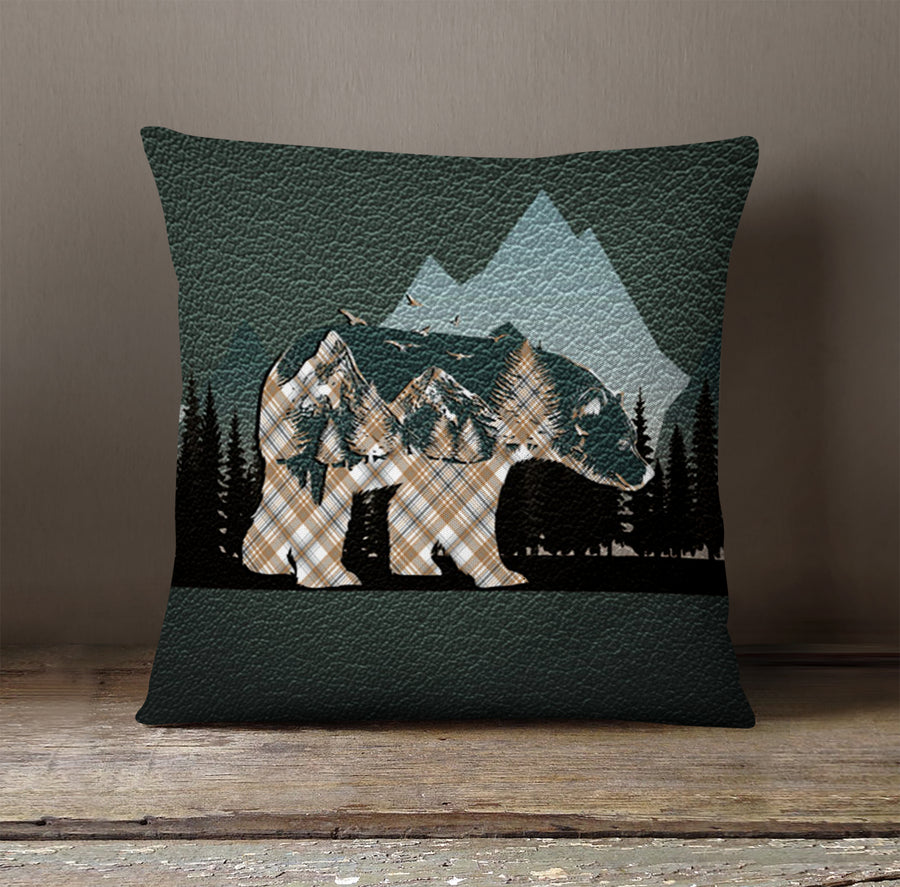 Beige Mountain Bear Wilderness Landscape Throw Pillow Cover