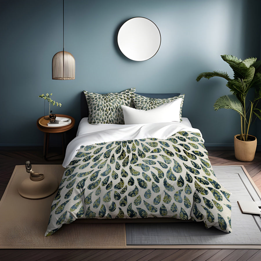 Green Feather Rain Drop Pattern Duvet Cover