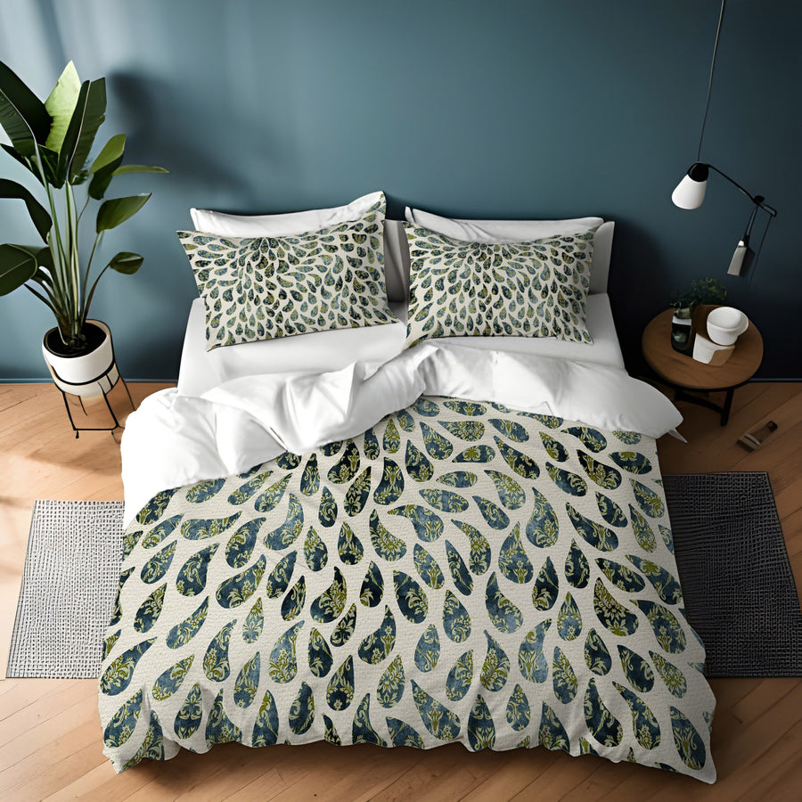 Green Feather Rain Drop Pattern Duvet Cover