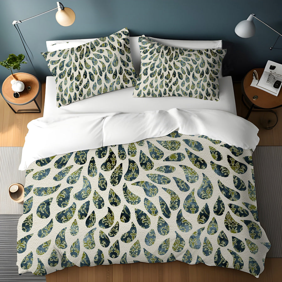 Green Feather Rain Drop Pattern Duvet Cover