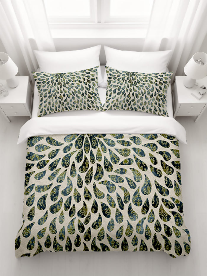 Green Feather Rain Drop Pattern Duvet Cover