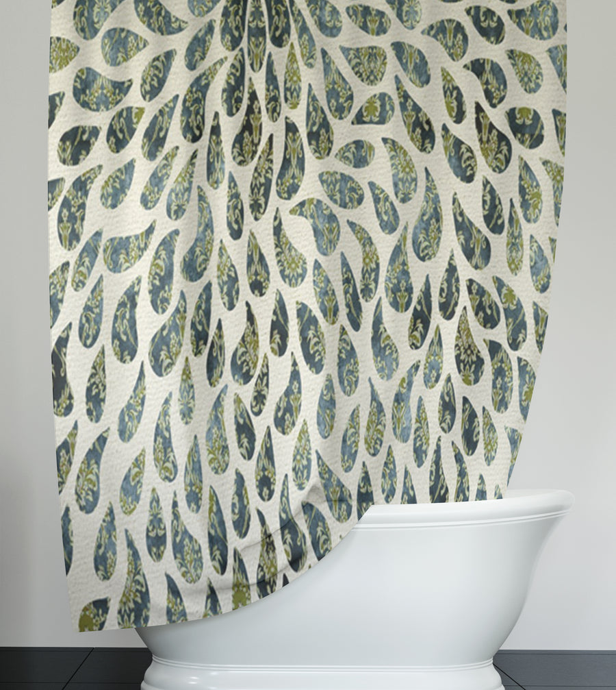 Green Feather Rain Drop Pattern Shower Curtain