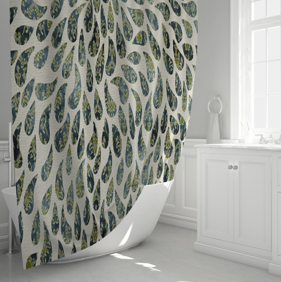 Green Feather Rain Drop Pattern Shower Curtain