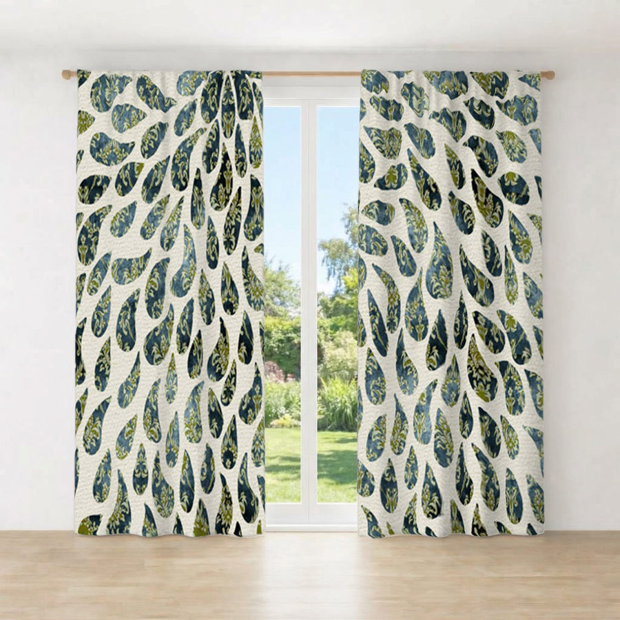 Green Feather Rain Drop Pattern Window Curtains