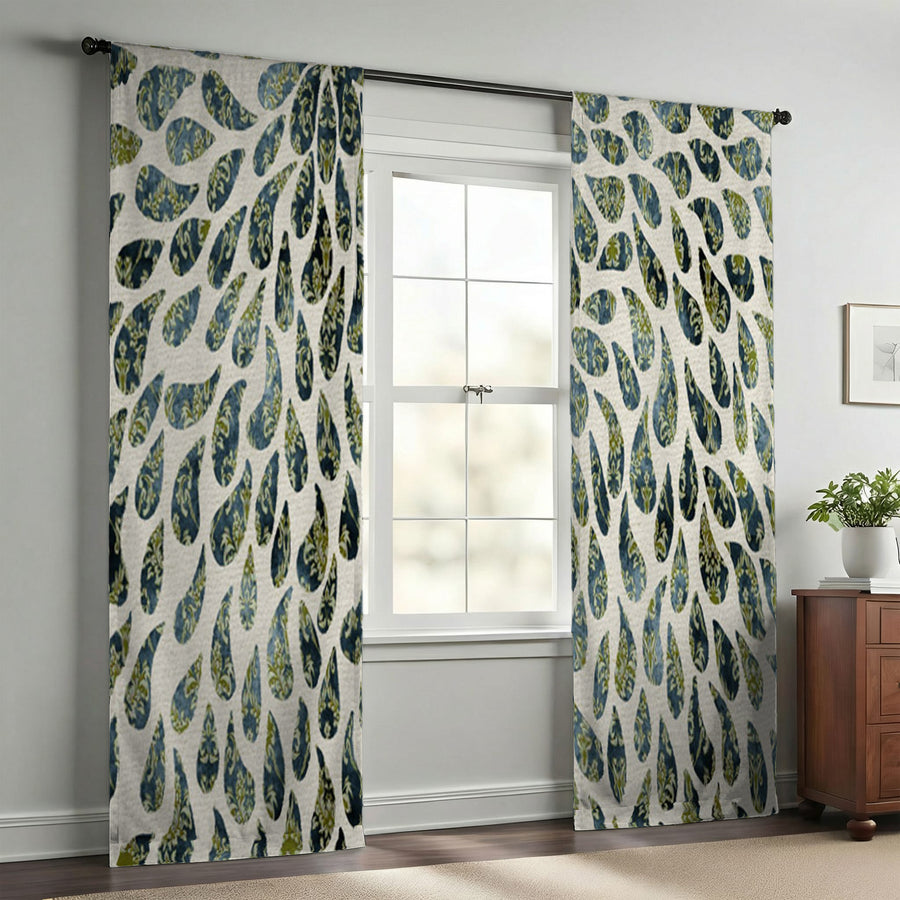 Green Feather Rain Drop Pattern Window Curtains