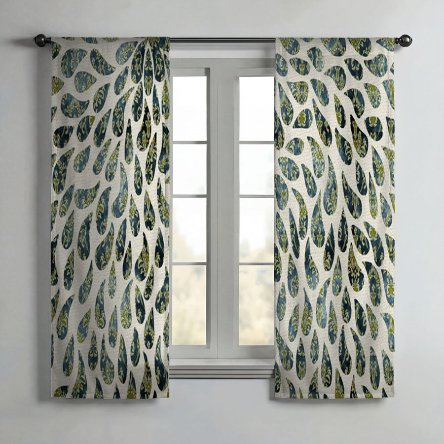 Green Feather Rain Drop Pattern Window Curtains
