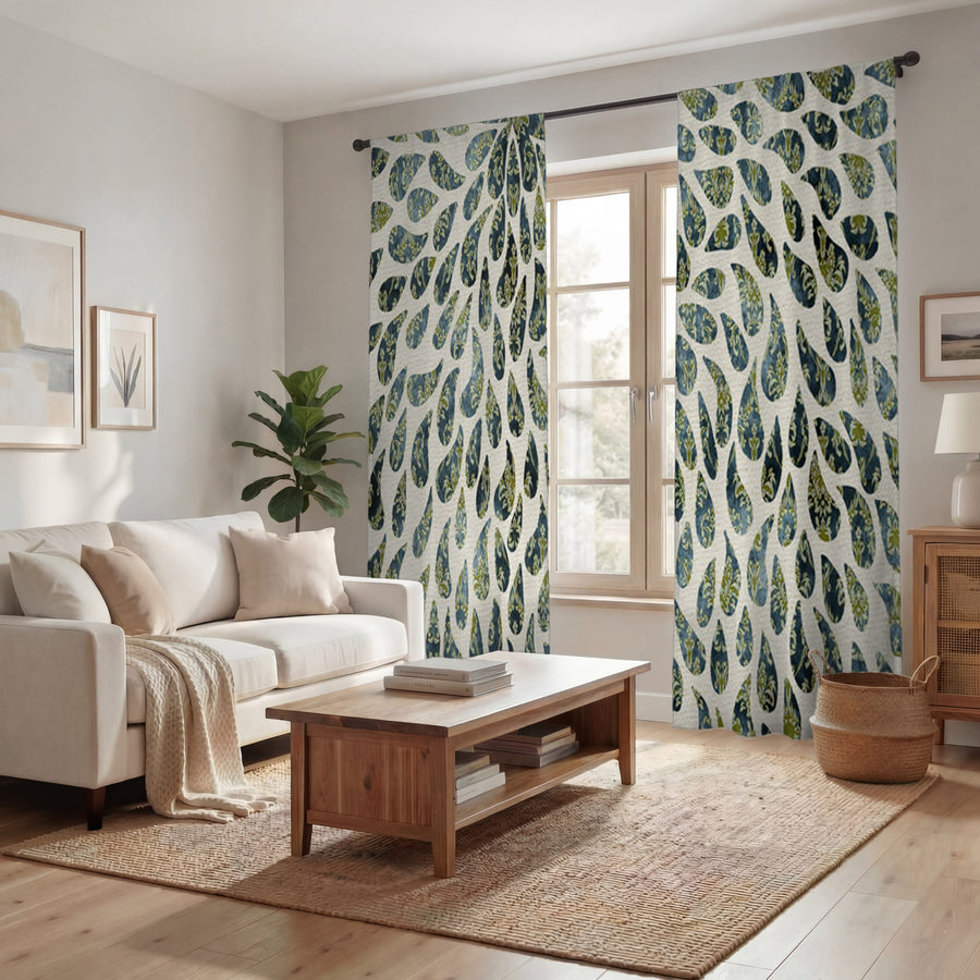 Green Feather Rain Drop Pattern Window Curtains
