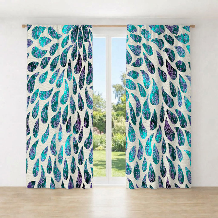 Teal and Purple Rain Drop Pattern Window Curtains