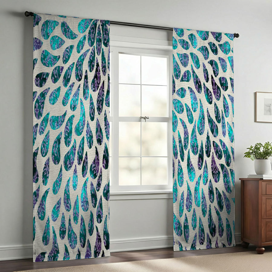 Teal and Purple Rain Drop Pattern Window Curtains