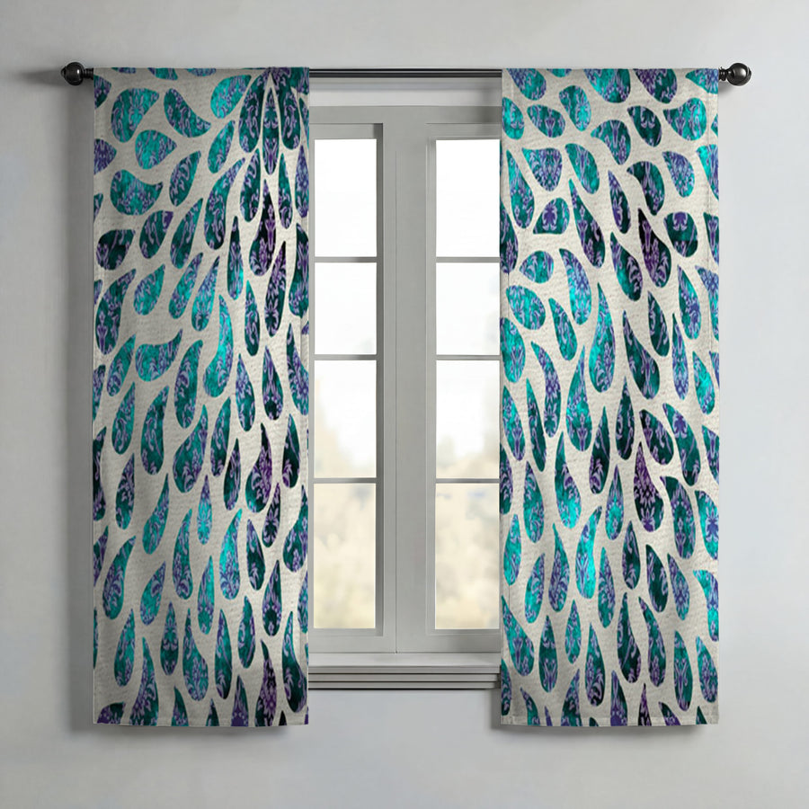 Teal and Purple Rain Drop Pattern Window Curtains