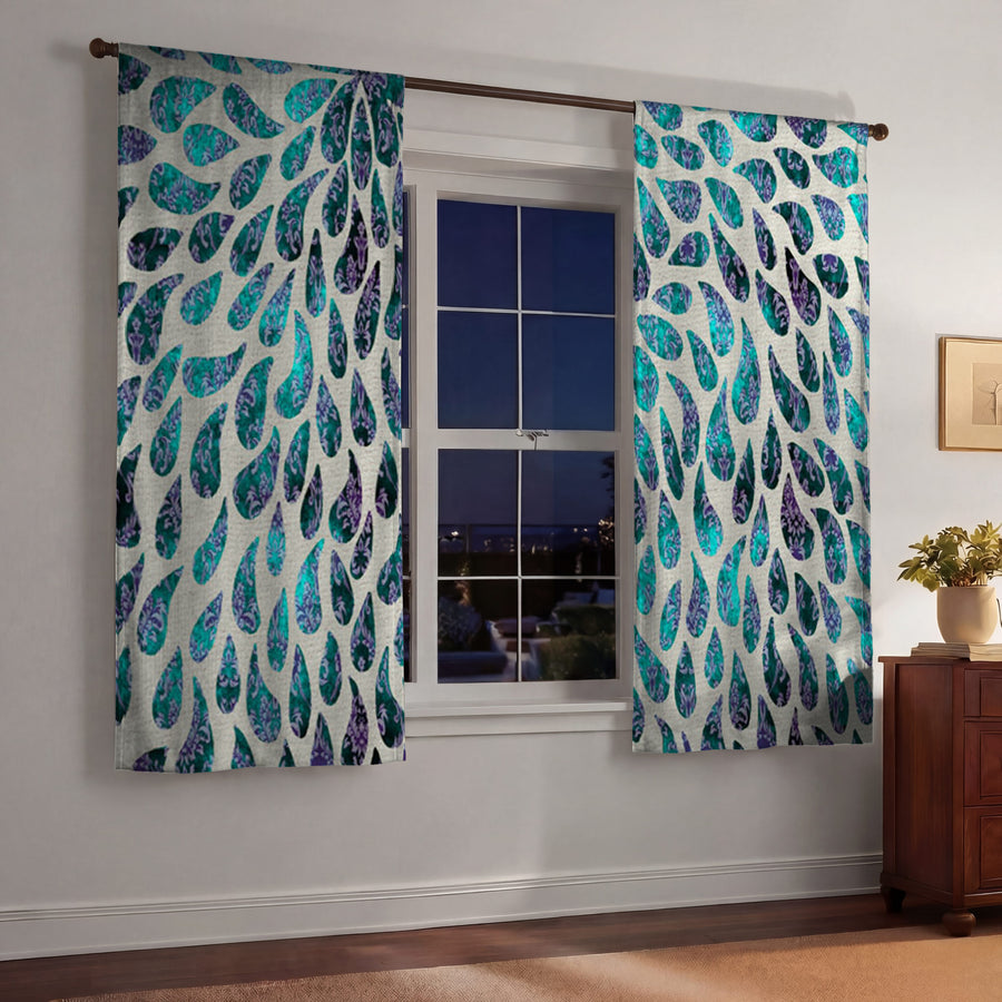 Teal and Purple Rain Drop Pattern Window Curtains