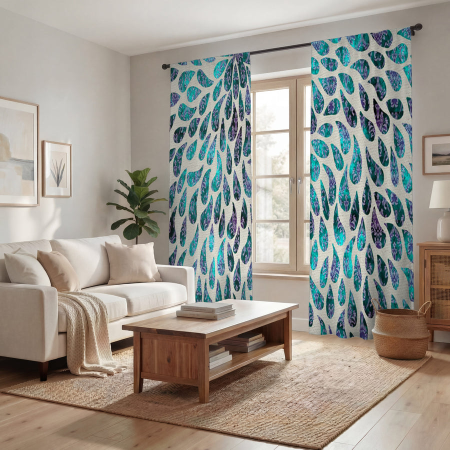 Teal and Purple Rain Drop Pattern Window Curtains