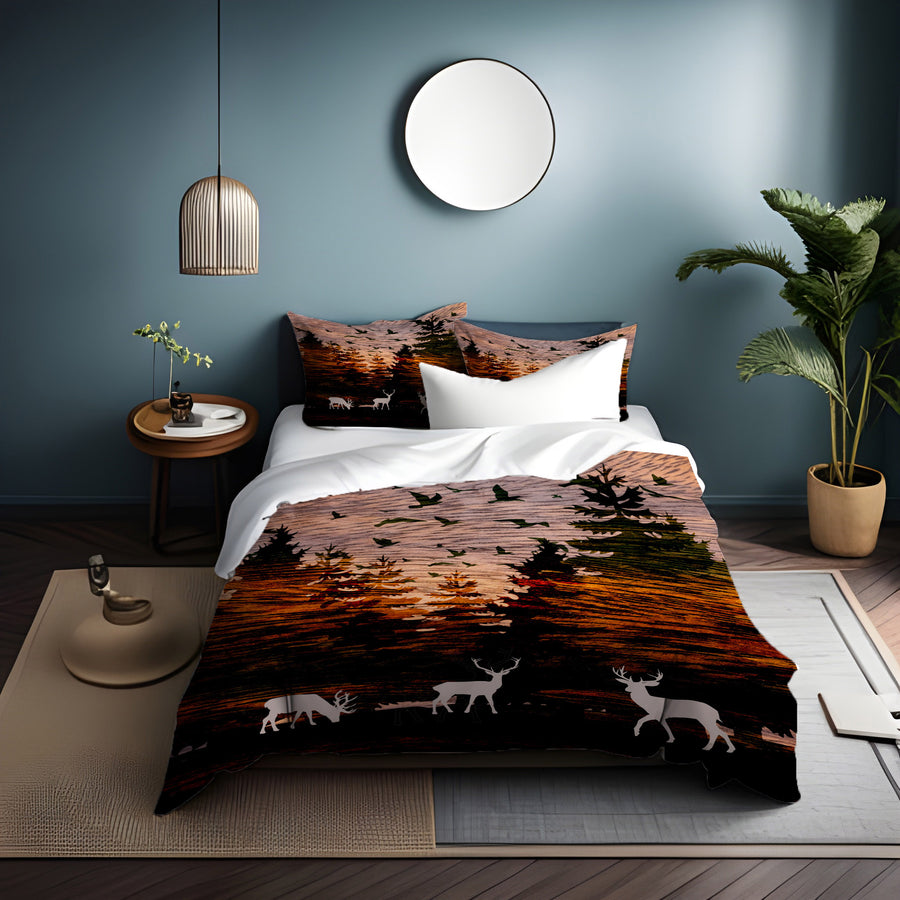 Orange Sunset Deer Forest Landscape Duvet Cover