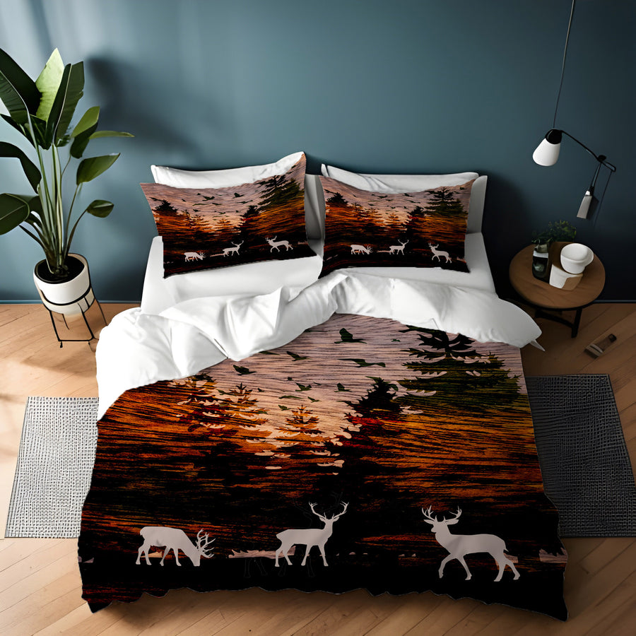 Orange Sunset Deer Forest Landscape Duvet Cover