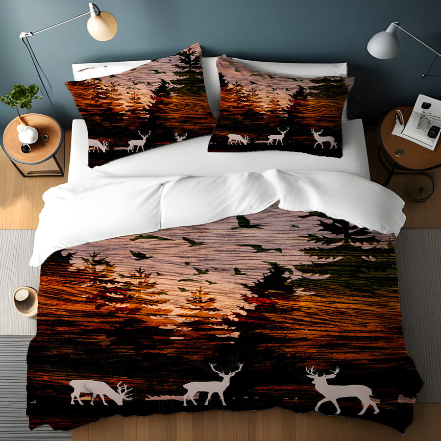 Orange Sunset Deer Forest Landscape Duvet Cover