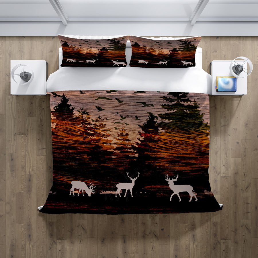 Orange Sunset Deer Forest Landscape Duvet Cover