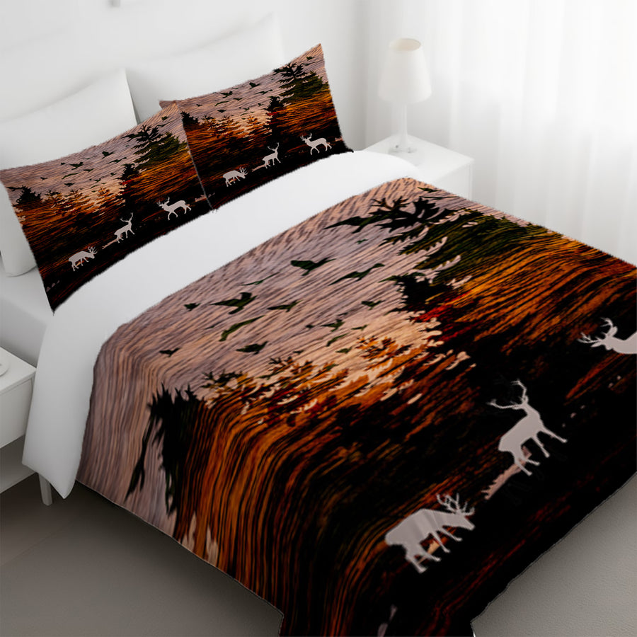 Orange Sunset Deer Forest Landscape Duvet Cover